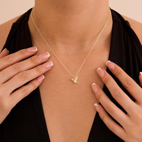 ⚡14k Gold Plated Women Hummingbird Pendant Necklace Elegant Bird Charm Jewelry - Picture 2 of 8